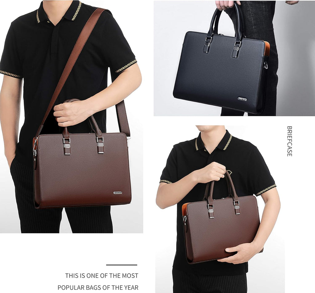 Sacoche d'affaires en cuir pour hommes - Sac pour ordinateur portable à plusieurs compartiments