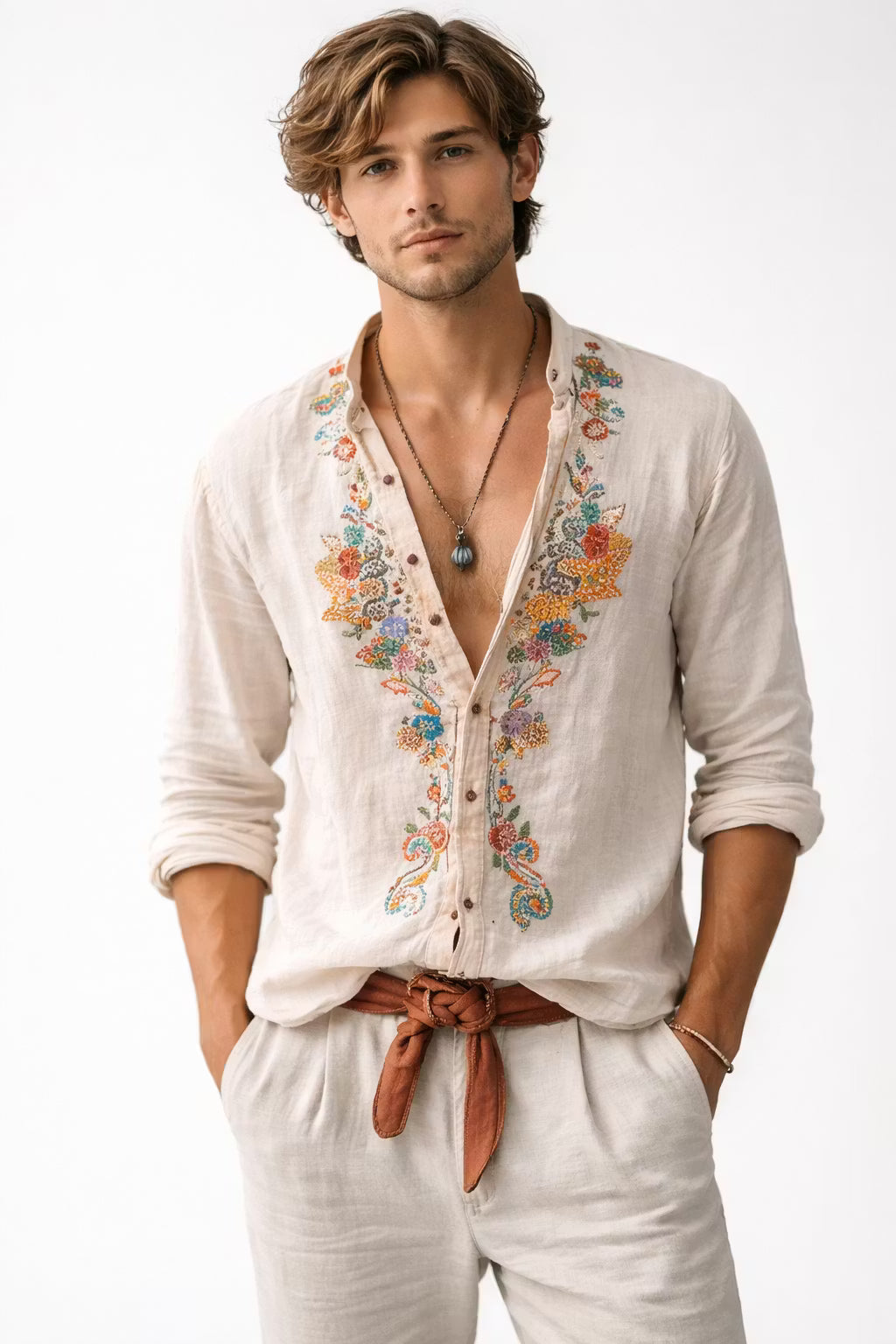 Chemise brodée florale à coupe décontractée pour hommes