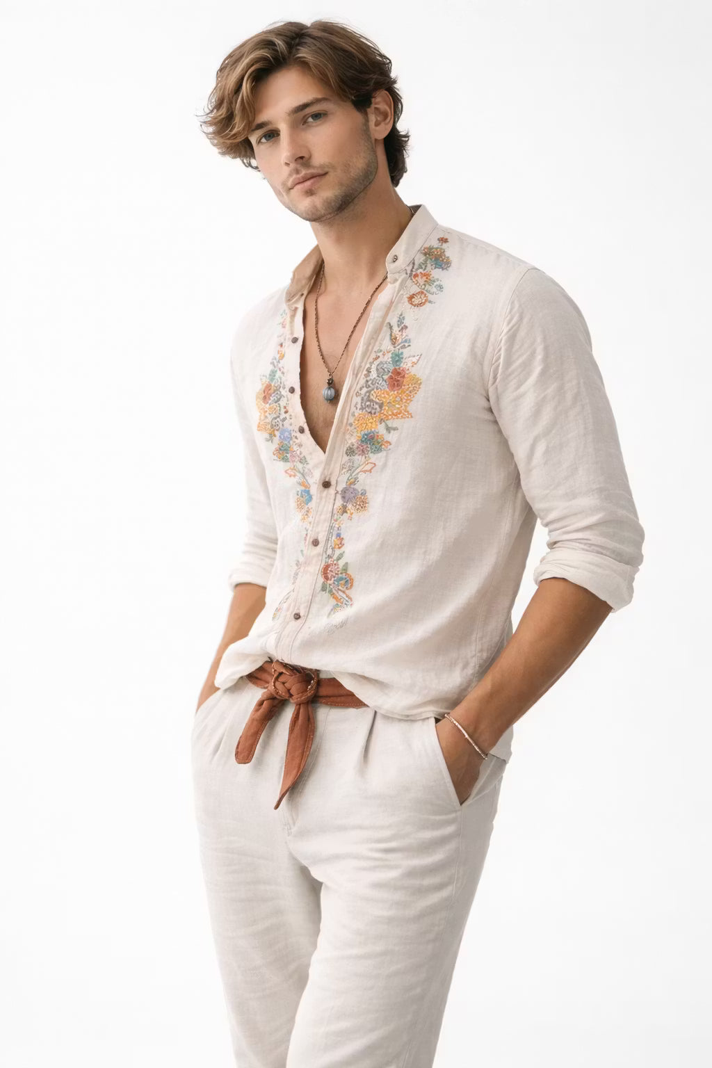Chemise brodée florale à coupe décontractée pour hommes
