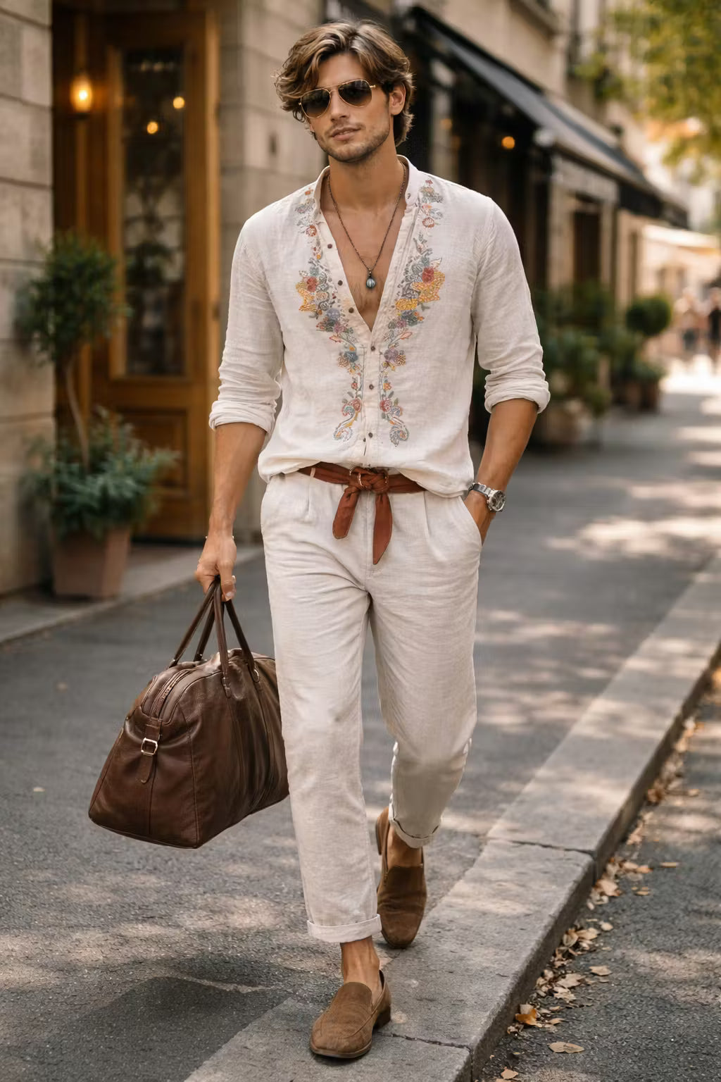 Chemise brodée florale à coupe décontractée pour hommes