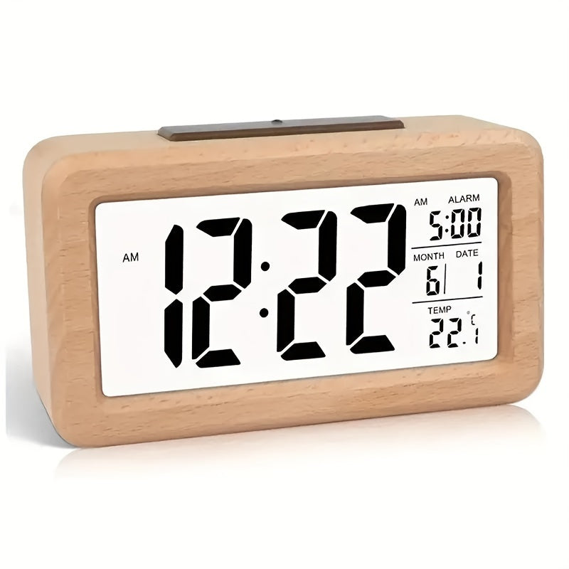 Réveil numérique en bois avec affichage LED, température et date