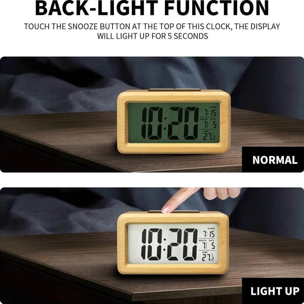 Réveil numérique en bois avec affichage LED, température et date
