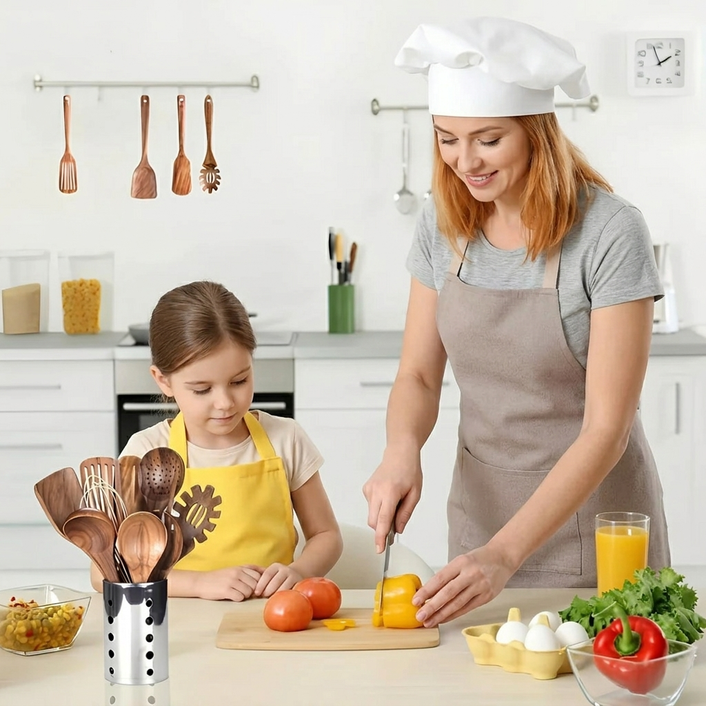 Ensemble d'Ustensiles de Cuisine en Bois 11 Pièces avec Support à Ustensiles