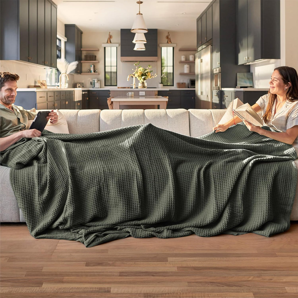 Havre Douillet | Couverture Queen 100% Coton avec Tissage Waffle Rafraîchissant | Douce et Respirante pour le Confort d'Été