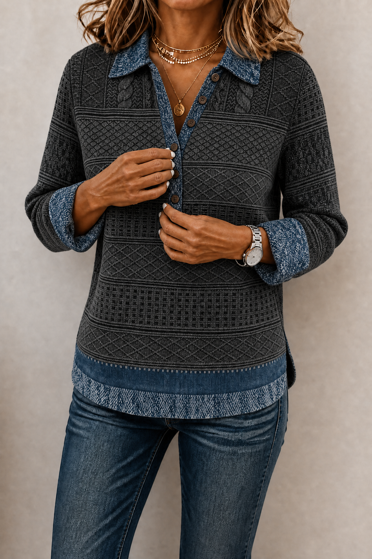 Layerlyn – Blouse Tricot Texturée en Patchwork Denim