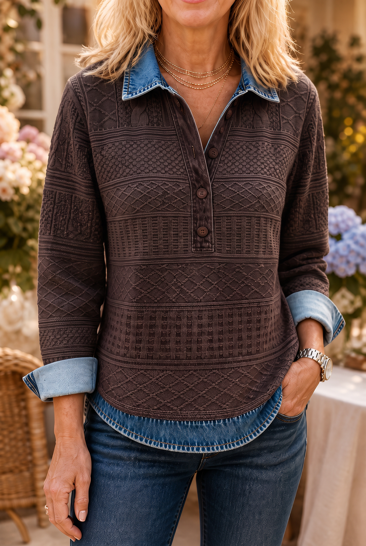 Layerlyn – Blouse Tricot Texturée en Patchwork Denim