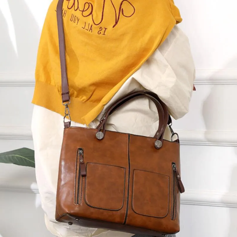 Sac Tote en Cuir Élégant Avec Poches Frontales Fonctionnelles