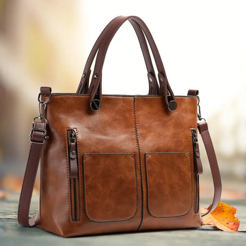Sac Tote en Cuir Élégant Avec Poches Frontales Fonctionnelles