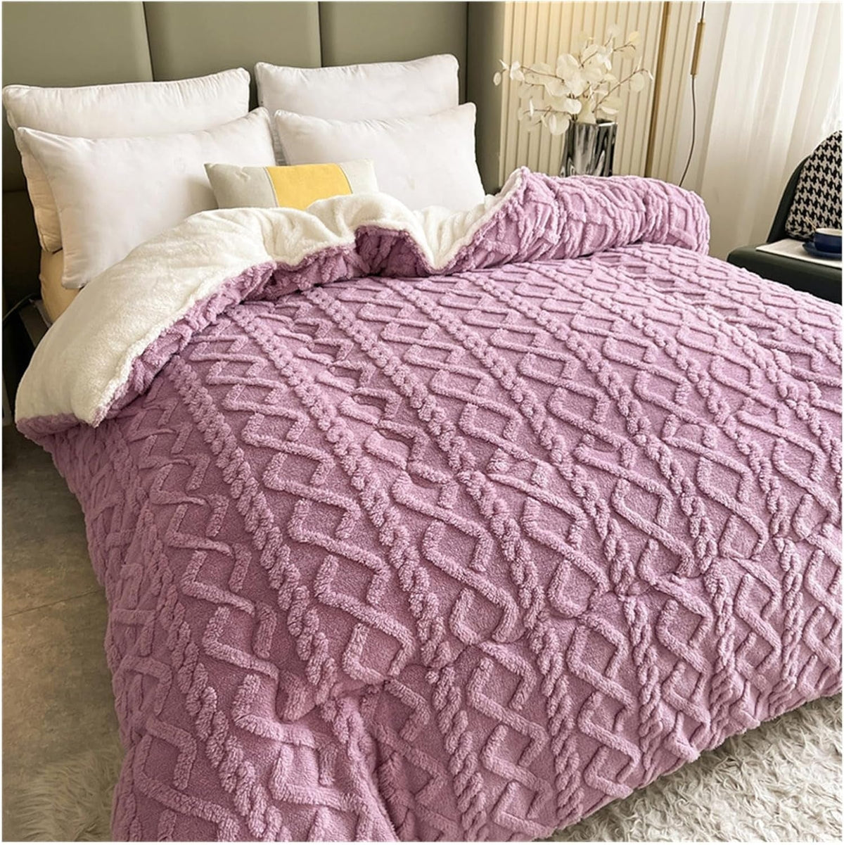 Couverture en Fleece Sherpa avec Motif Géométrique – Plaid Réversible Chaud pour Canapé et Lit