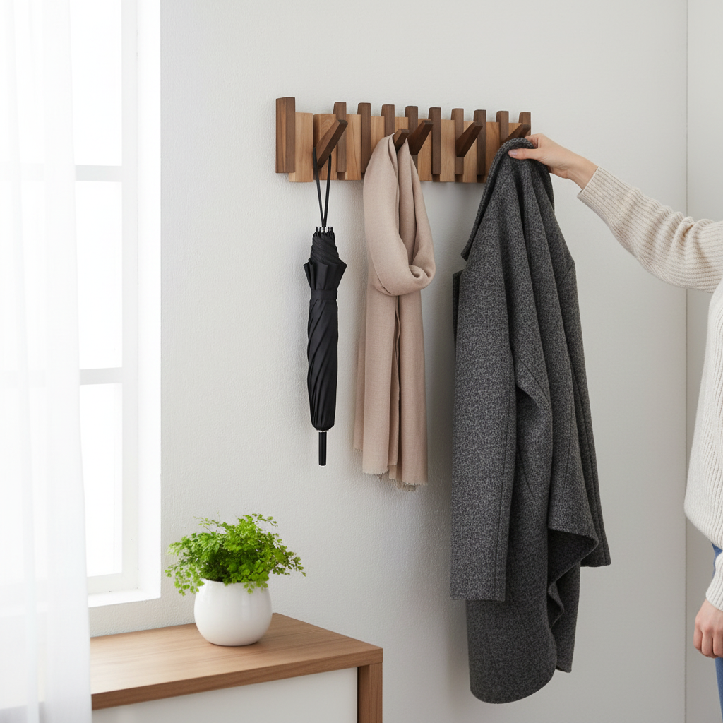 Skanto | Porte-manteau élégant en bois à trois crochets pour piano, rangement de vêtements suspendus