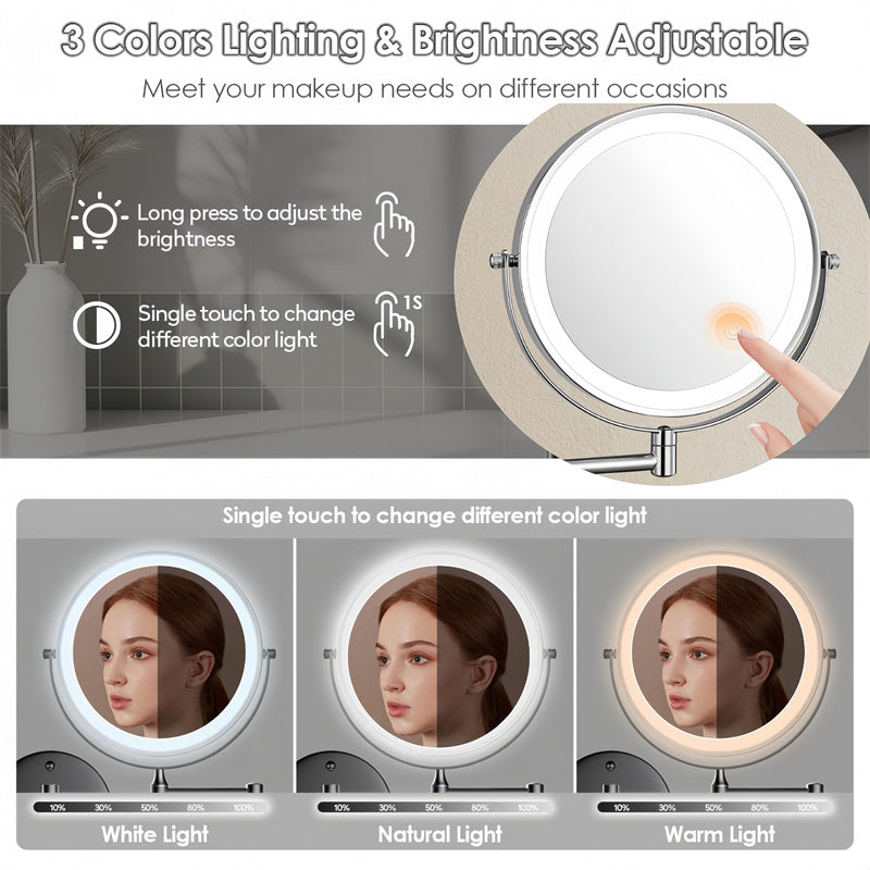 Miroir de Rasage Mural Rechargeable avec Éclairage LED