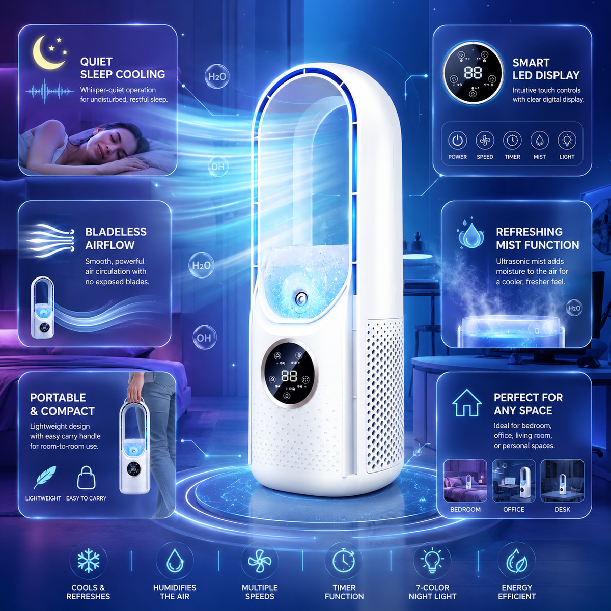 Climatiseur Portable Sans Lame pour un Refroidissement Personnel Silencieux