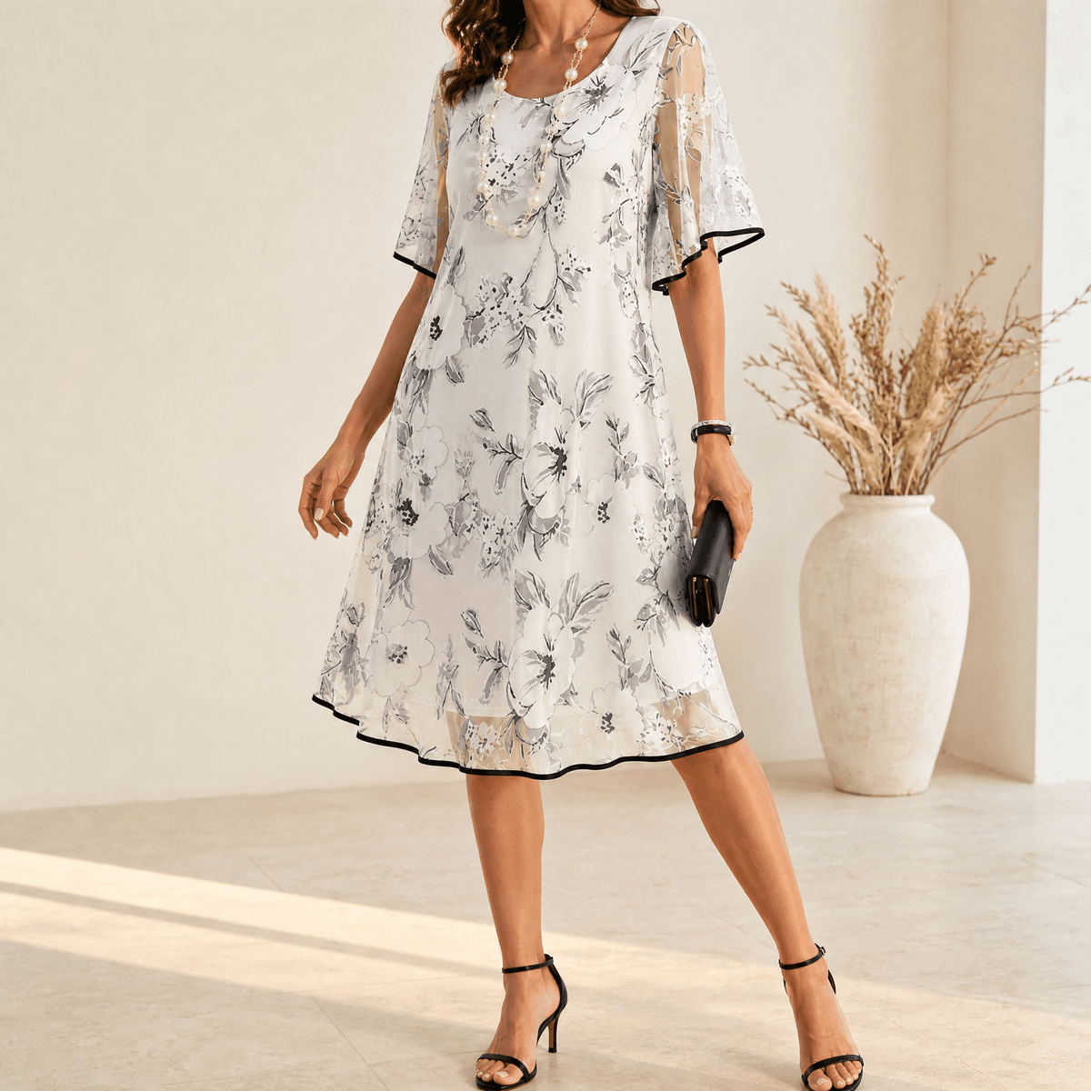 Solenya – Robe en Chiffon Floral pour Femmes avec Superposition Transparente
