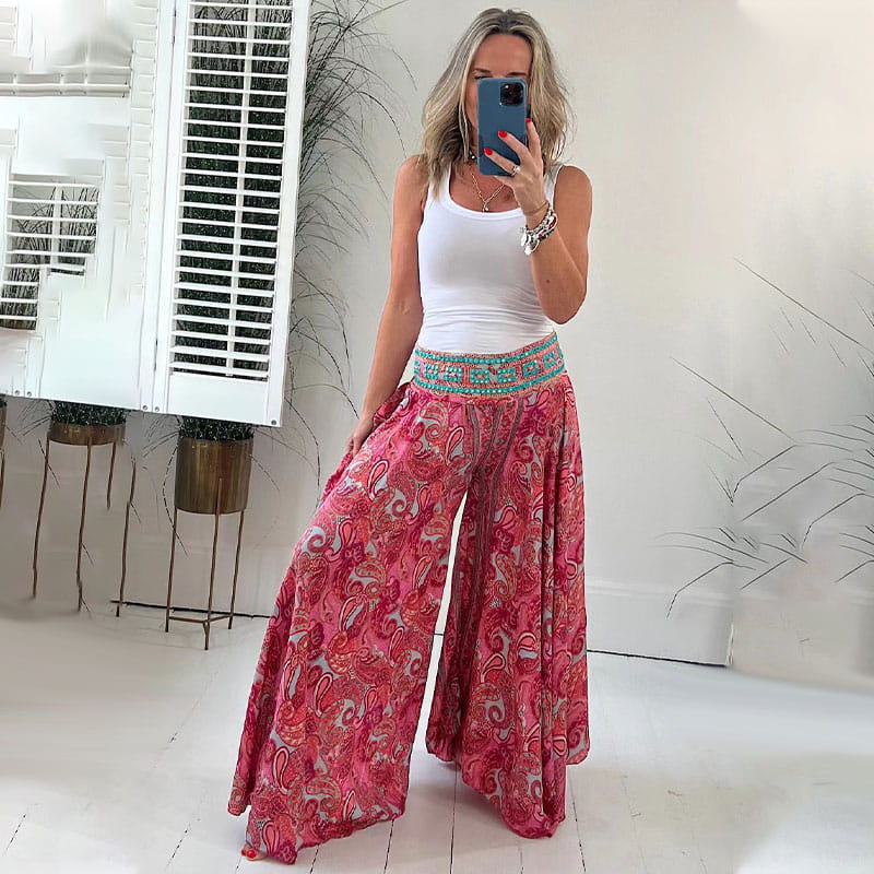 BohoBreeze™ – Pantalon ethno-paisley léger avec ceinture patchwork élastique