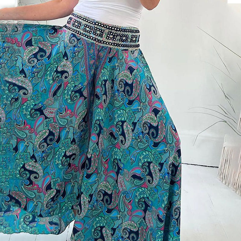 BohoBreeze™ – Pantalon ethno-paisley léger avec ceinture patchwork élastique