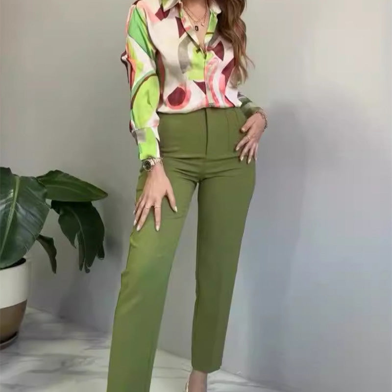 Ensemble de 2 pièces avec chemise imprimée et pantalon à boutons pour femmes