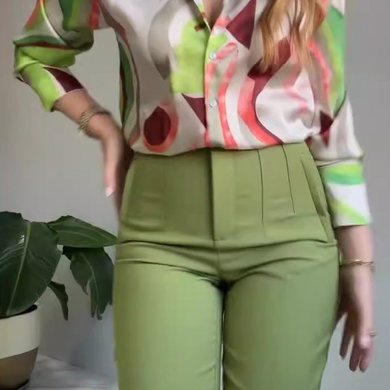 Ensemble de 2 pièces avec chemise imprimée et pantalon à boutons pour femmes