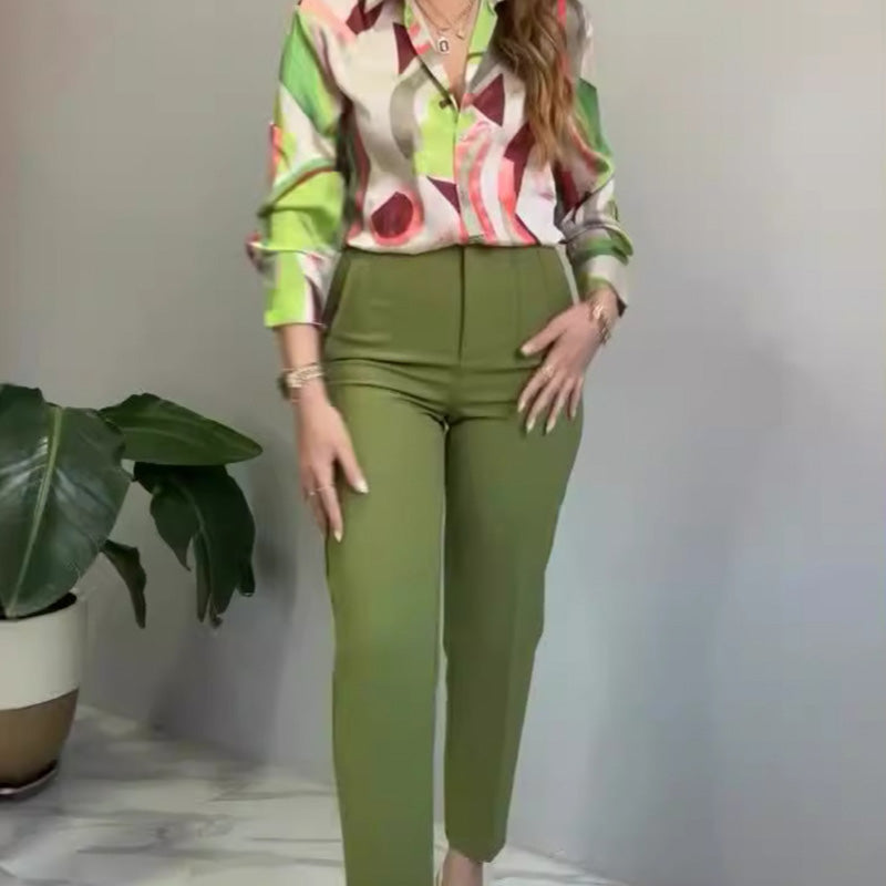 Ensemble de 2 pièces avec chemise imprimée et pantalon à boutons pour femmes