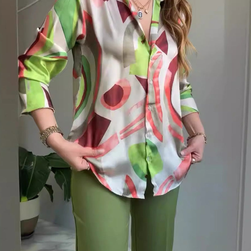 Ensemble de 2 pièces avec chemise imprimée et pantalon à boutons pour femmes