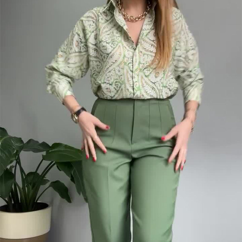 Ensemble de 2 pièces avec chemise imprimée et pantalon à boutons pour femmes