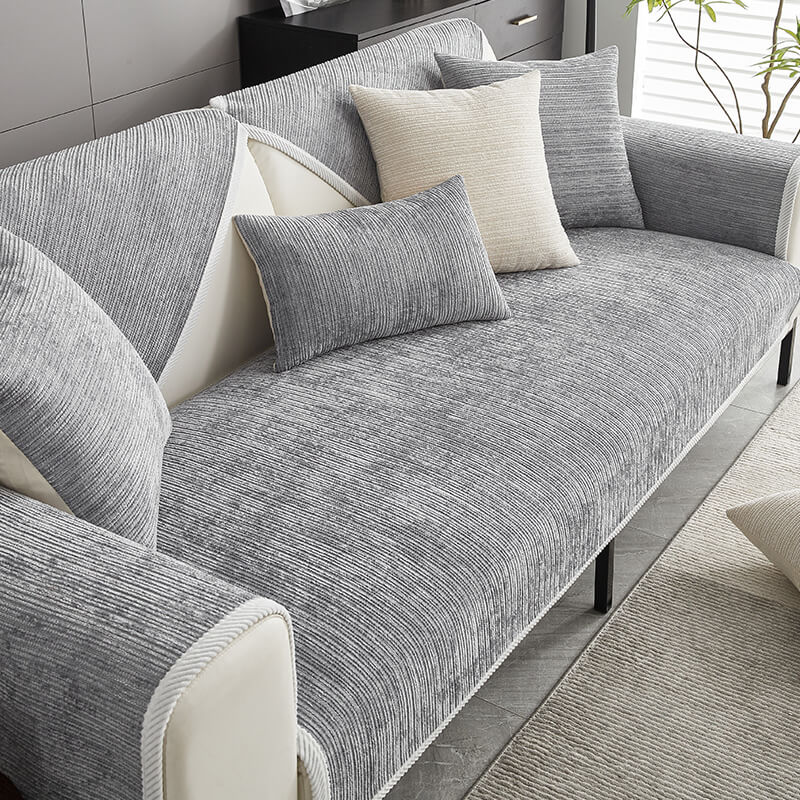 Housse de canapé en chenille rayée anti-rayures pour salon