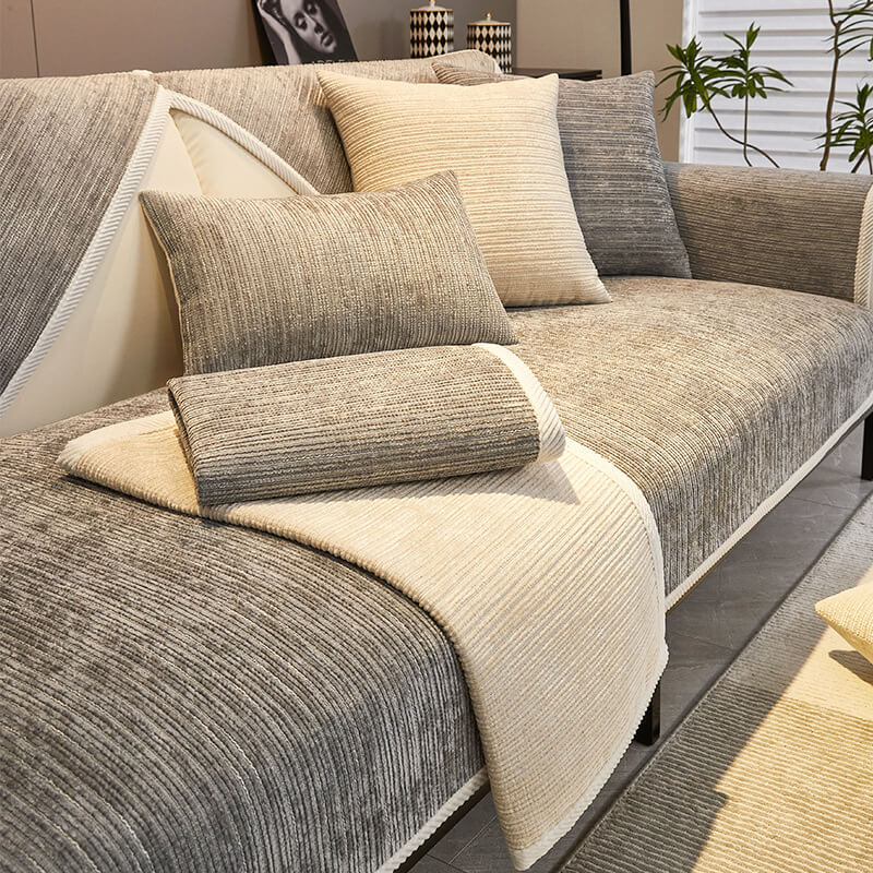 Housse de canapé en chenille rayée anti-rayures pour salon