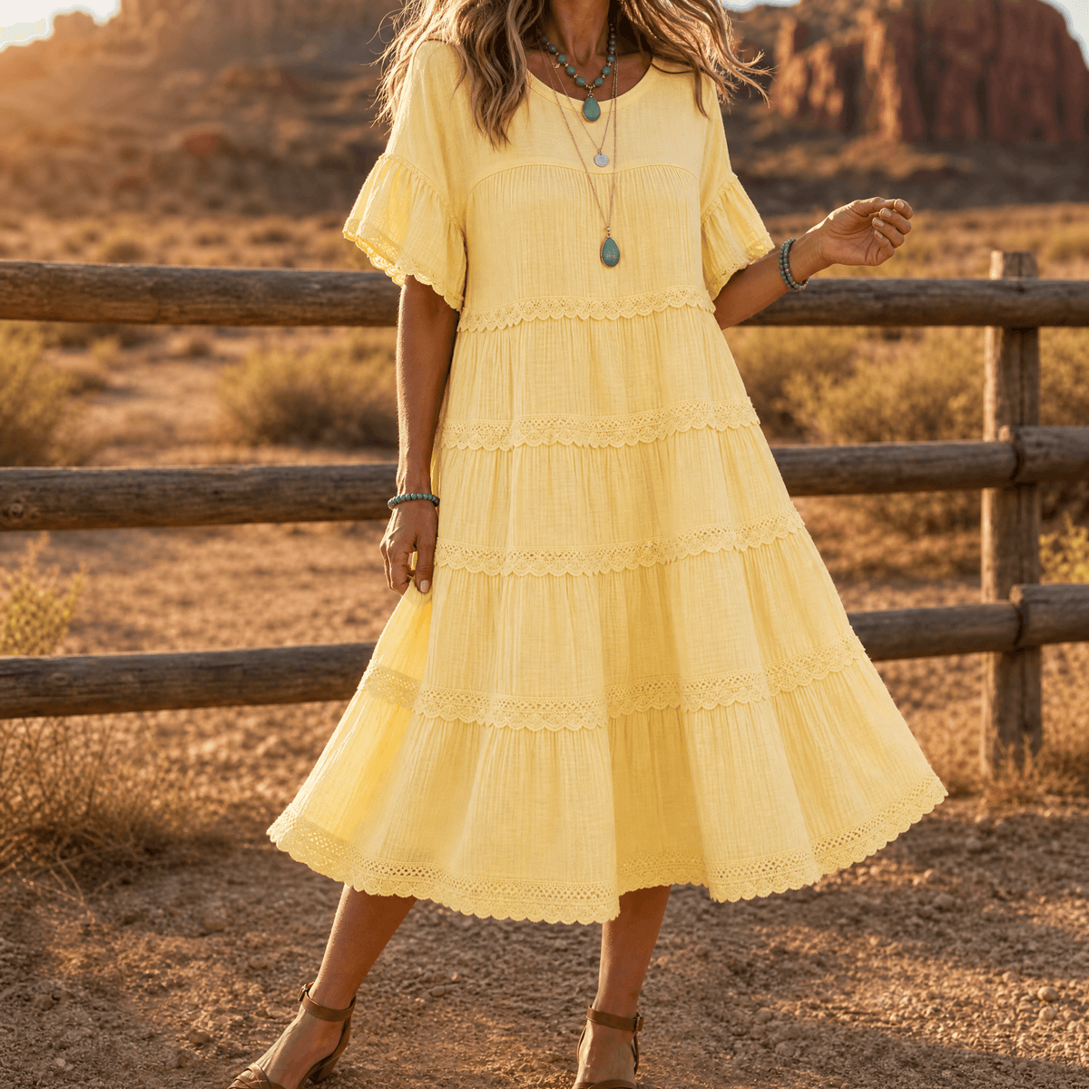 Sundara – Robe midi en dentelle à volants avec poches cachées pour femmes