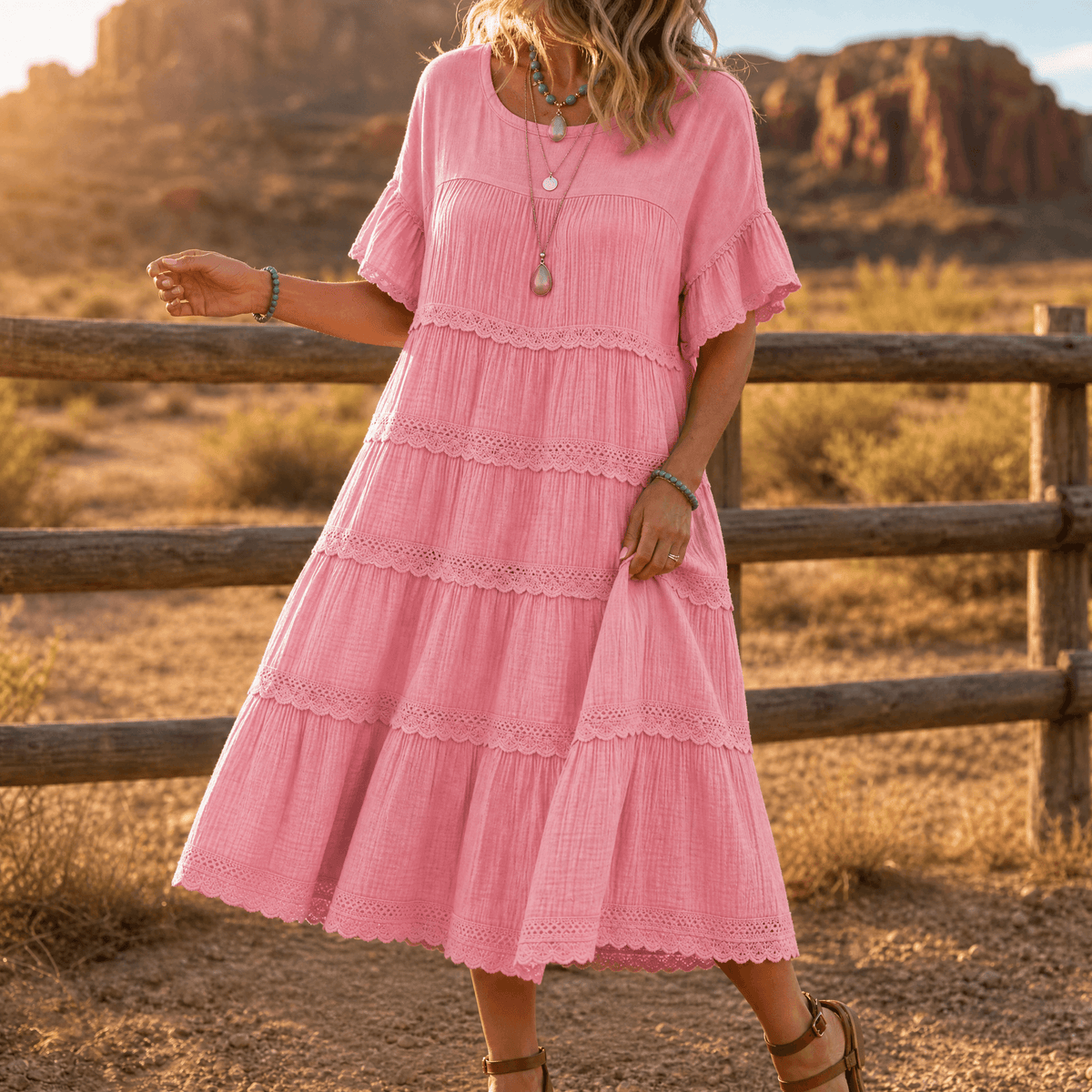 Sundara – Robe midi en dentelle à volants avec poches cachées pour femmes