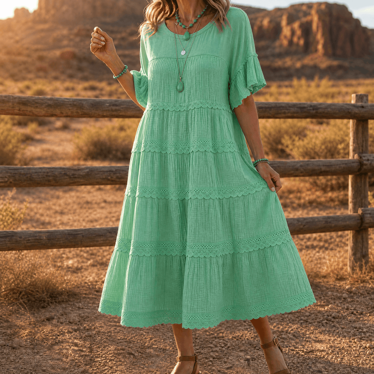 Sundara – Robe midi en dentelle à volants avec poches cachées pour femmes