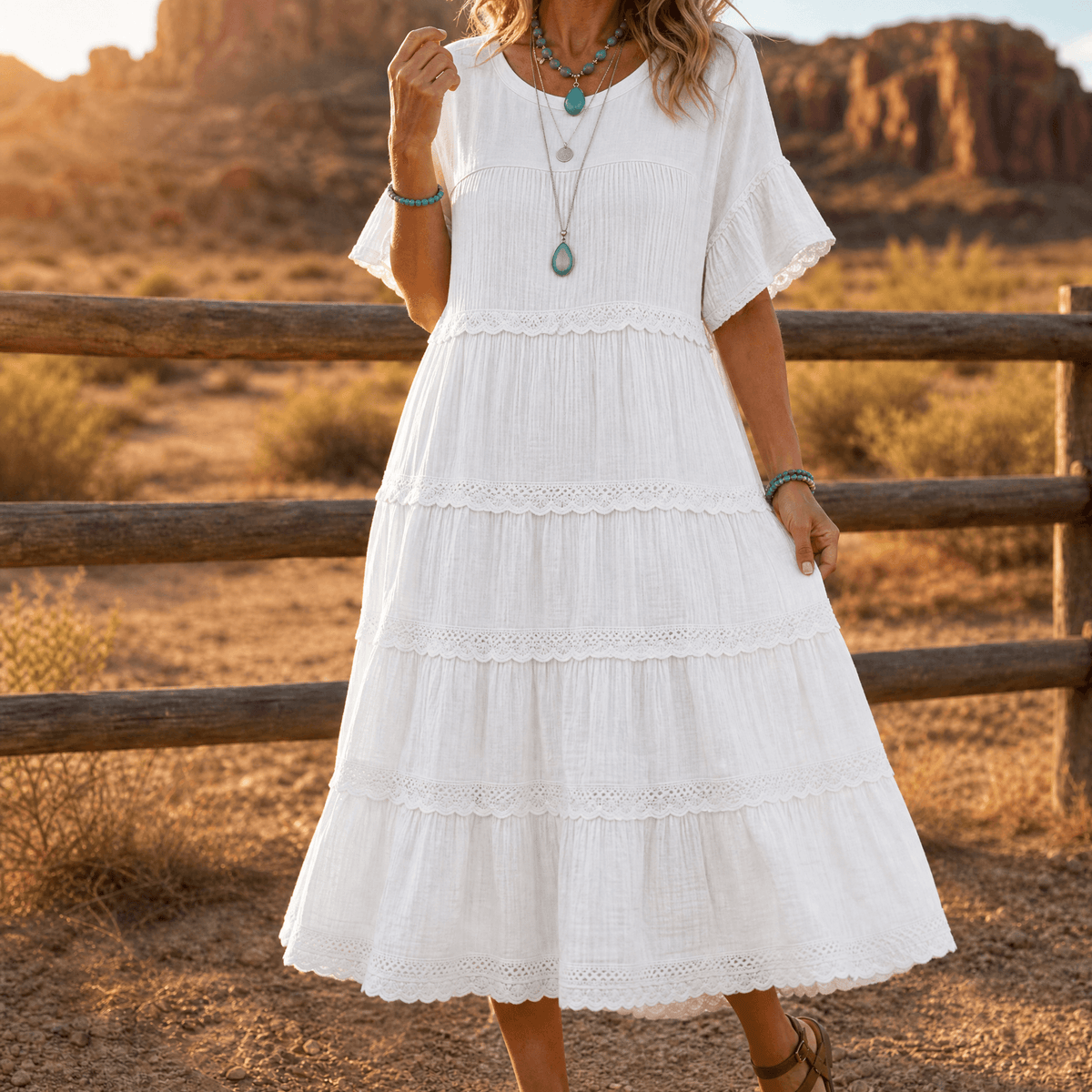 Sundara – Robe midi en dentelle à volants avec poches cachées pour femmes