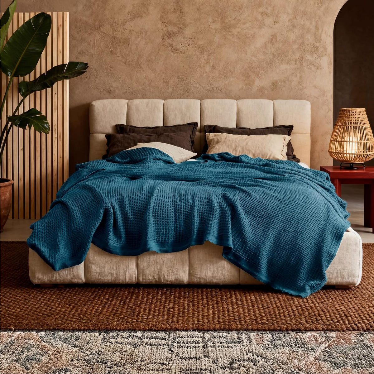 Havre Douillet | Couverture Queen 100% Coton avec Tissage Waffle Rafraîchissant | Douce et Respirante pour le Confort d'Été