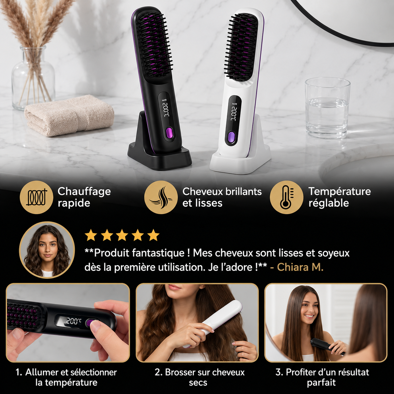Brosse Lissante Cheveux Chauffage Rapide Température Réglable