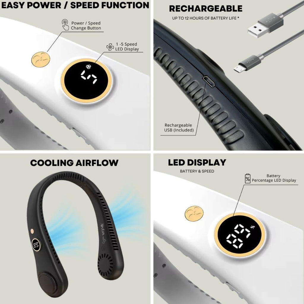 Ventilateur de Cou Unisexe à 5 Vitesses - Design Portable et Sans Lame