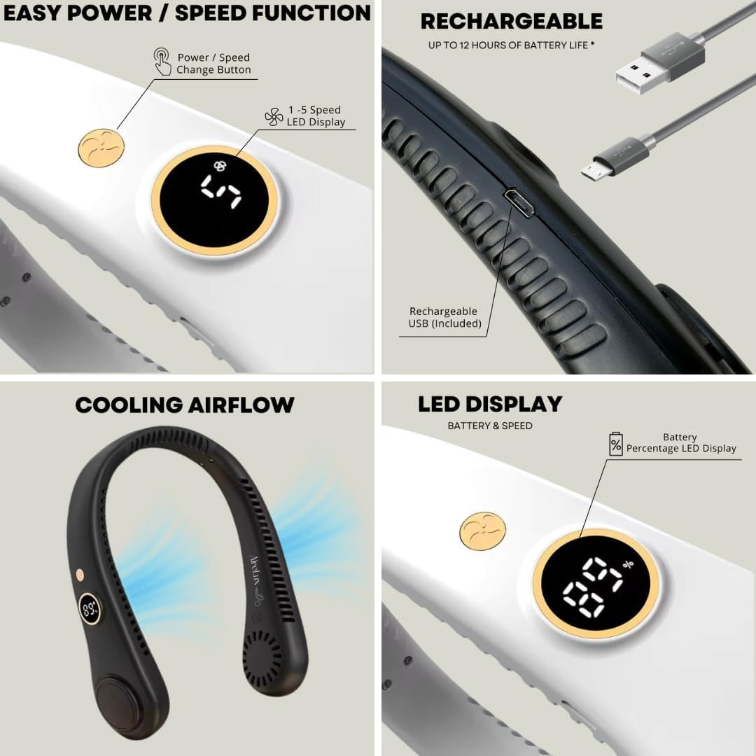 Ventilateur de Cou Unisexe à 5 Vitesses - Design Portable et Sans Lame