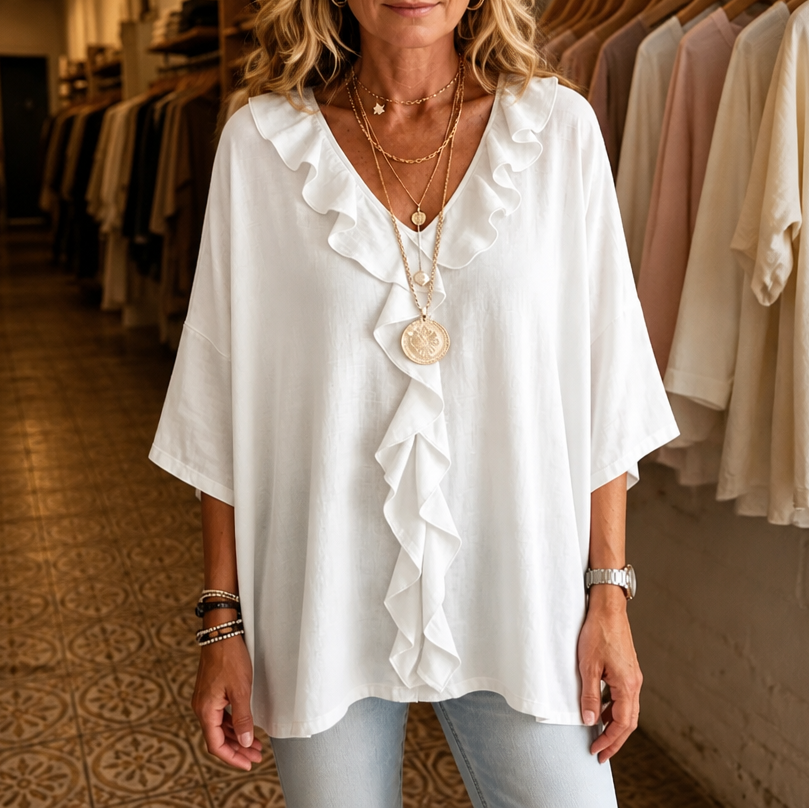 Restedge – La blouse à volants qui effleure, ne colle jamais