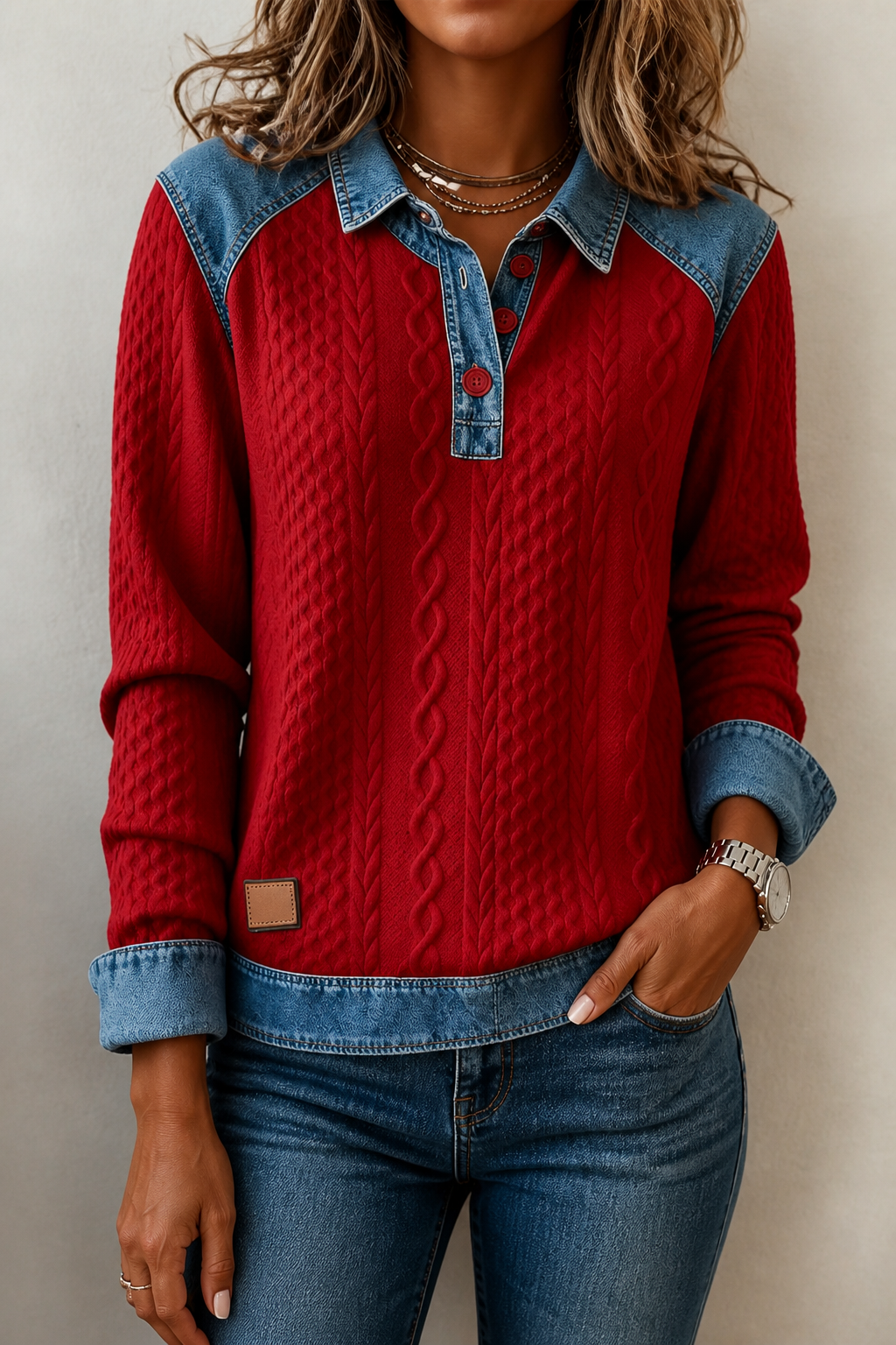 Layerlyn – Blouse Tricot Texturée en Patchwork Denim