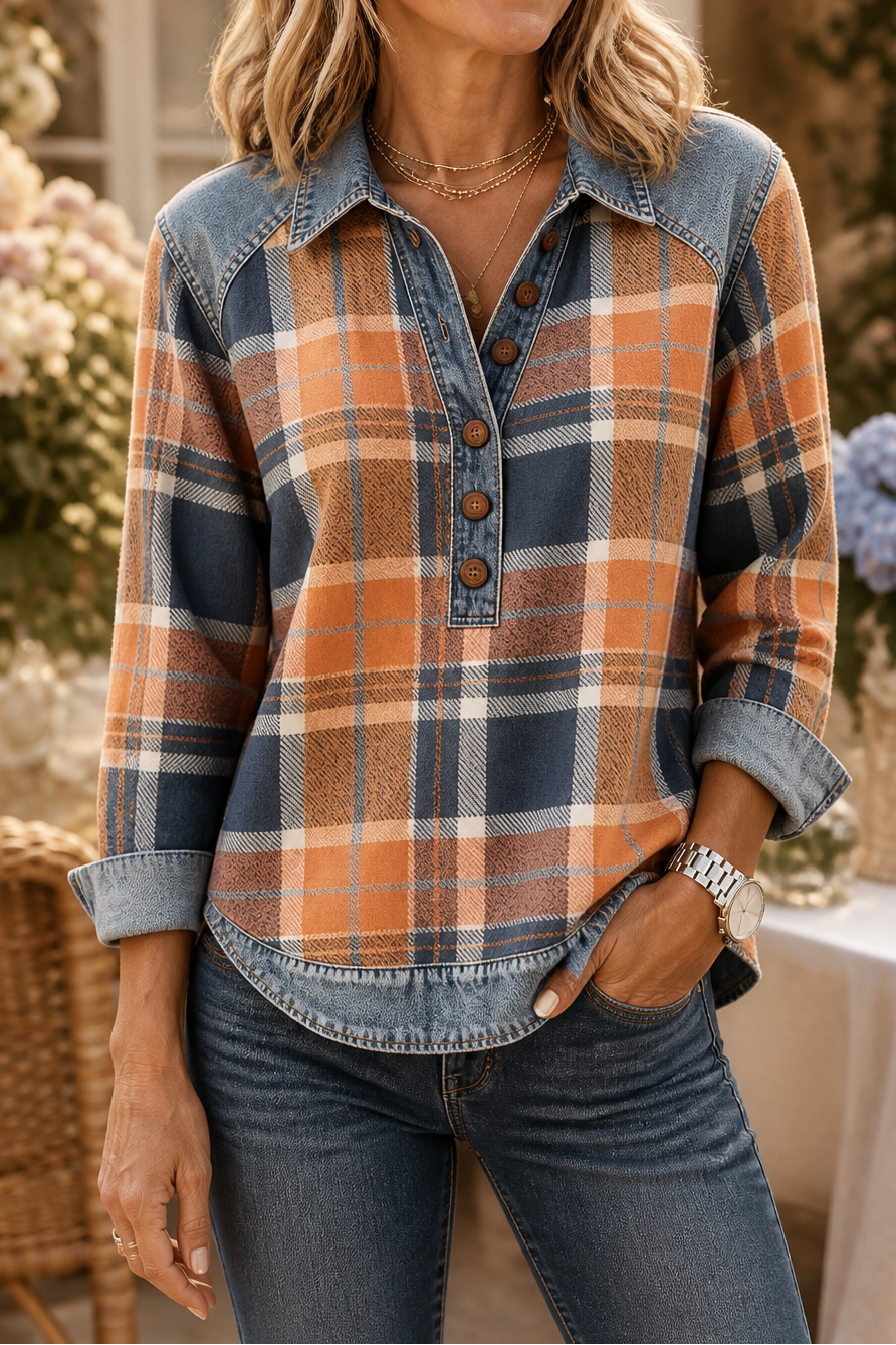 Layerlyn – Blouse Tricot Texturée en Patchwork Denim