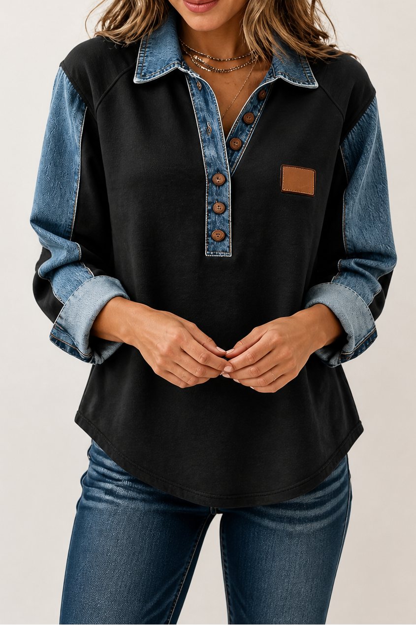 Layerlyn – Blouse Tricot Texturée en Patchwork Denim