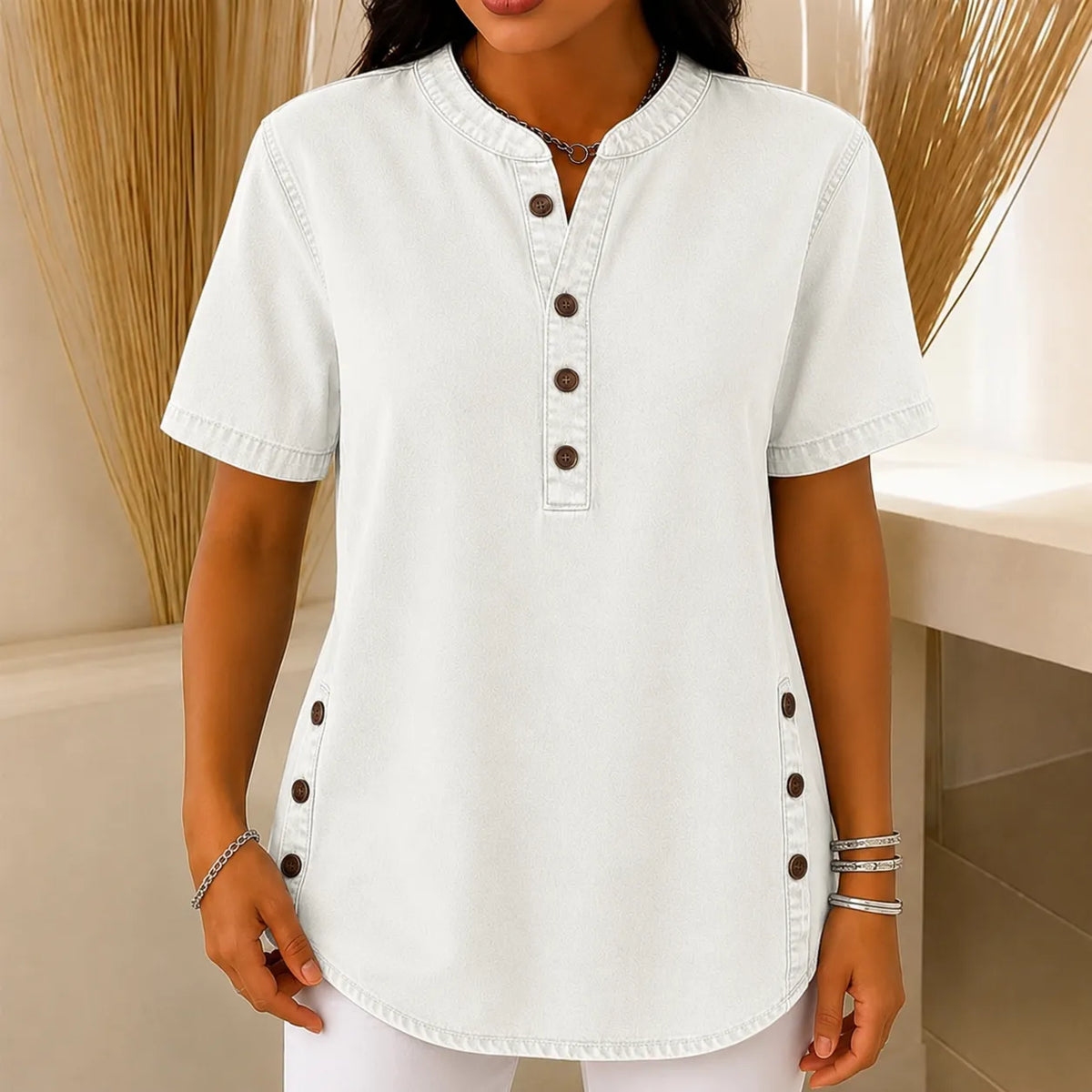 Avelyn – Haut tunique Henley avec boutons sur le côté pour femmes