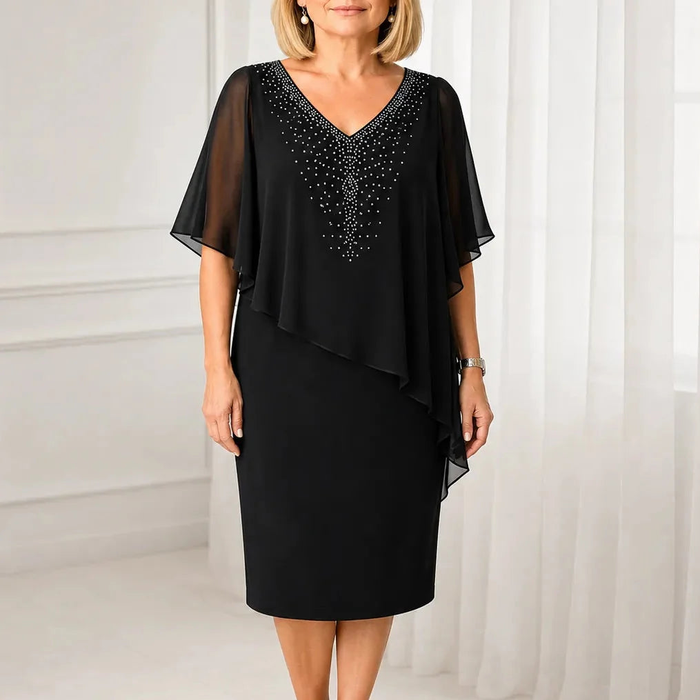 Velora – Robe Midi Chiffon avec Cape Look Strass V