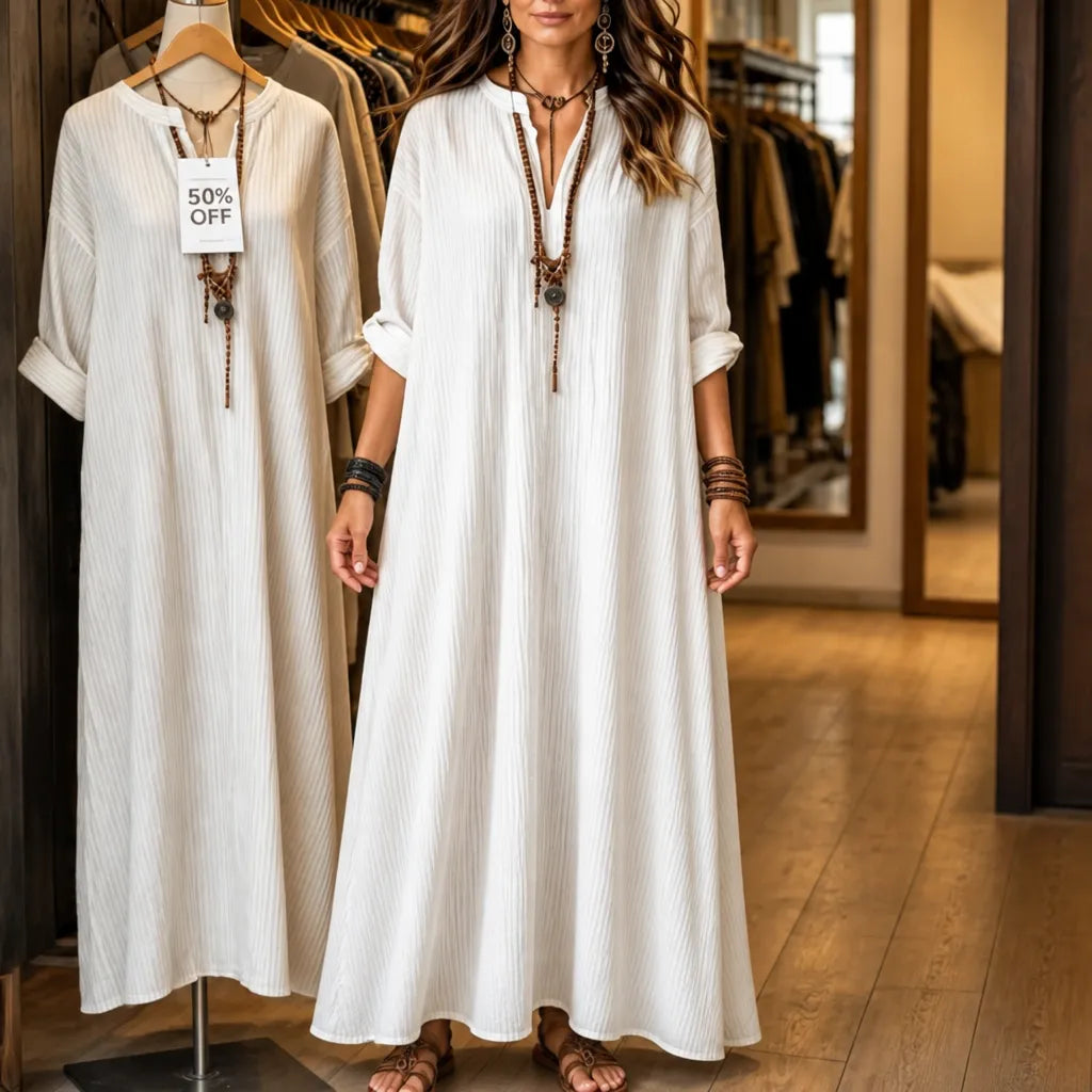 Vestara – Robe maxi boho à rayures avec poches, décolleté en V, manches longues