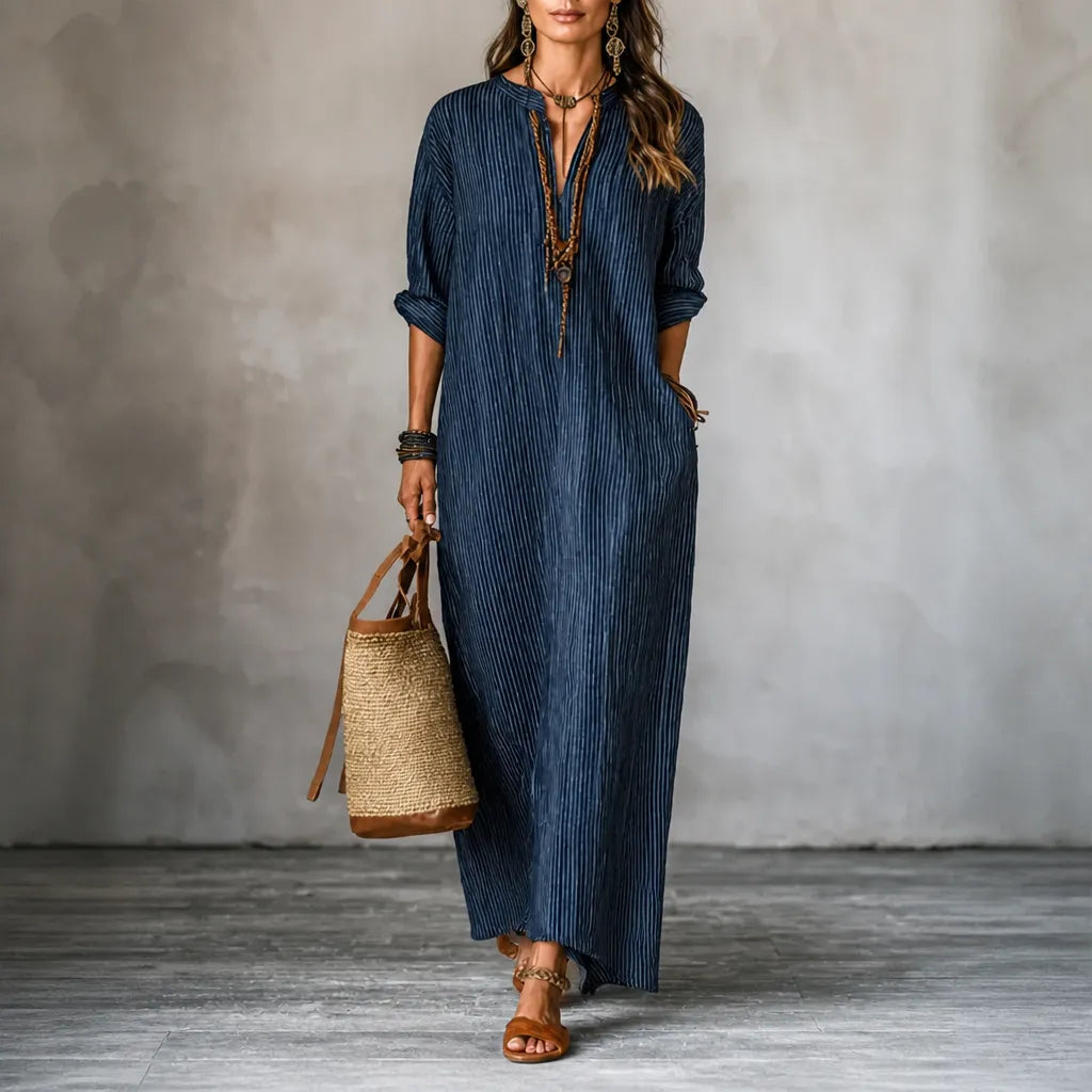 Vestara – Robe maxi boho à rayures avec poches, décolleté en V, manches longues