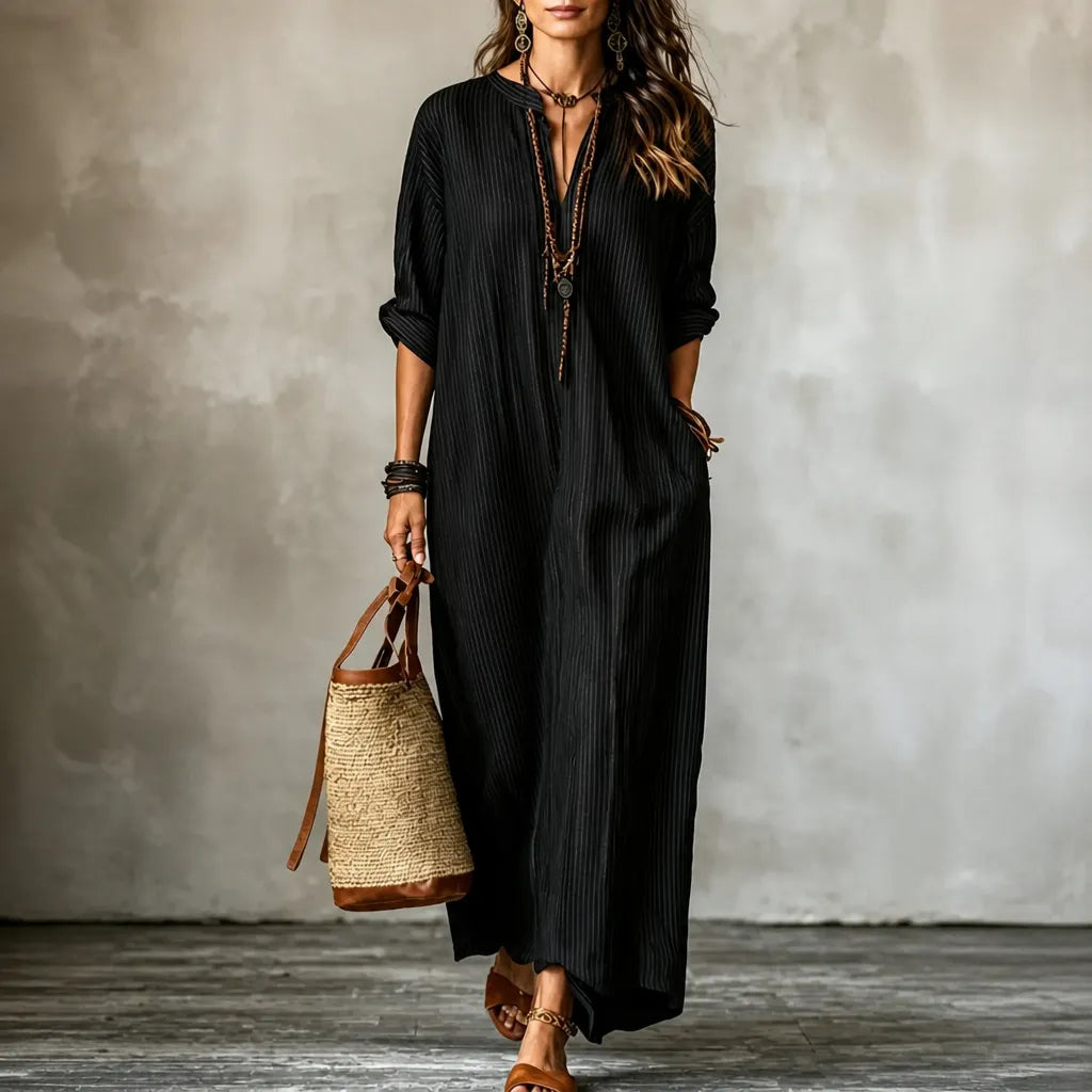 Vestara – Robe maxi boho à rayures avec poches, décolleté en V, manches longues
