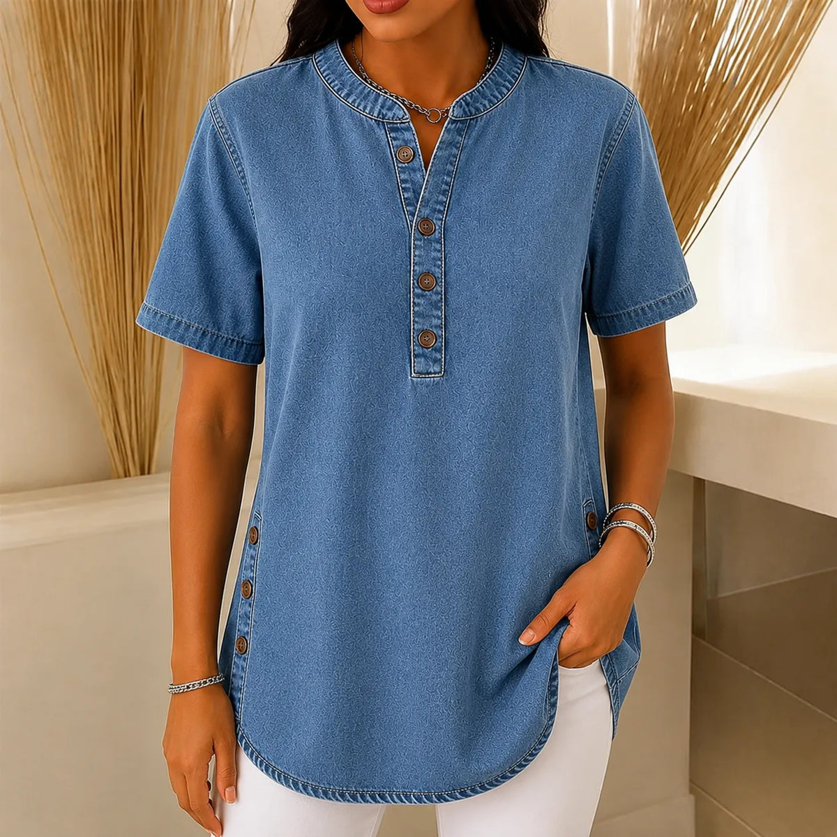 Avelyn – Haut tunique Henley avec boutons sur le côté pour femmes