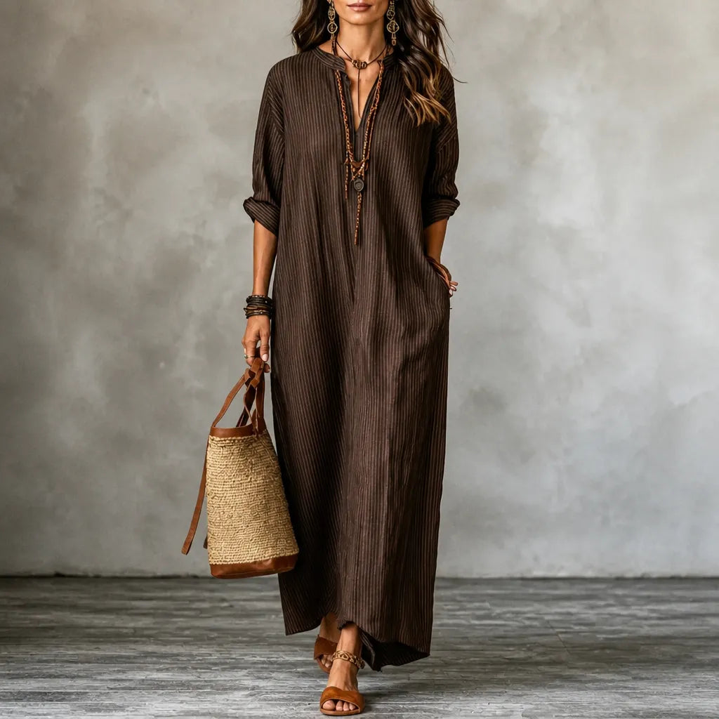 Vestara – Robe maxi boho à rayures avec poches, décolleté en V, manches longues