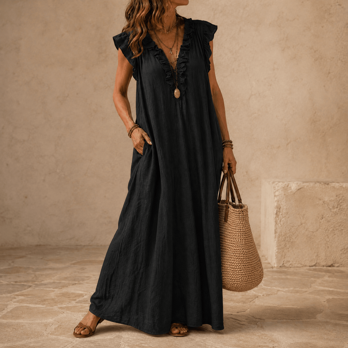Veluna – Robe Midi Femme à Volants avec Poches