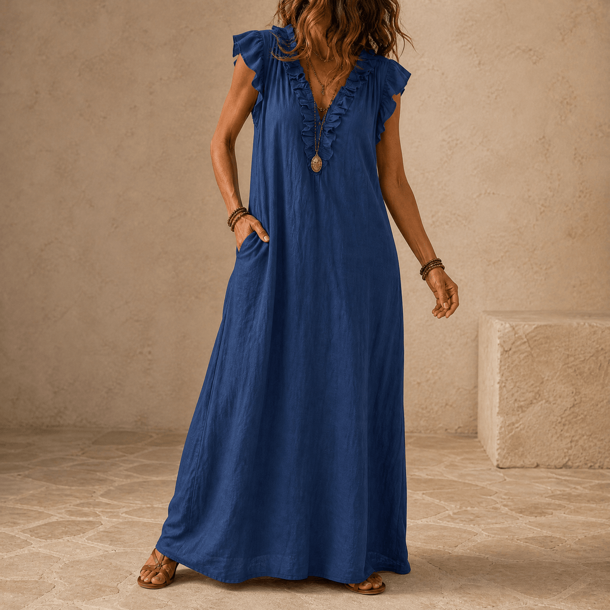 Veluna – Robe Midi Femme à Volants avec Poches