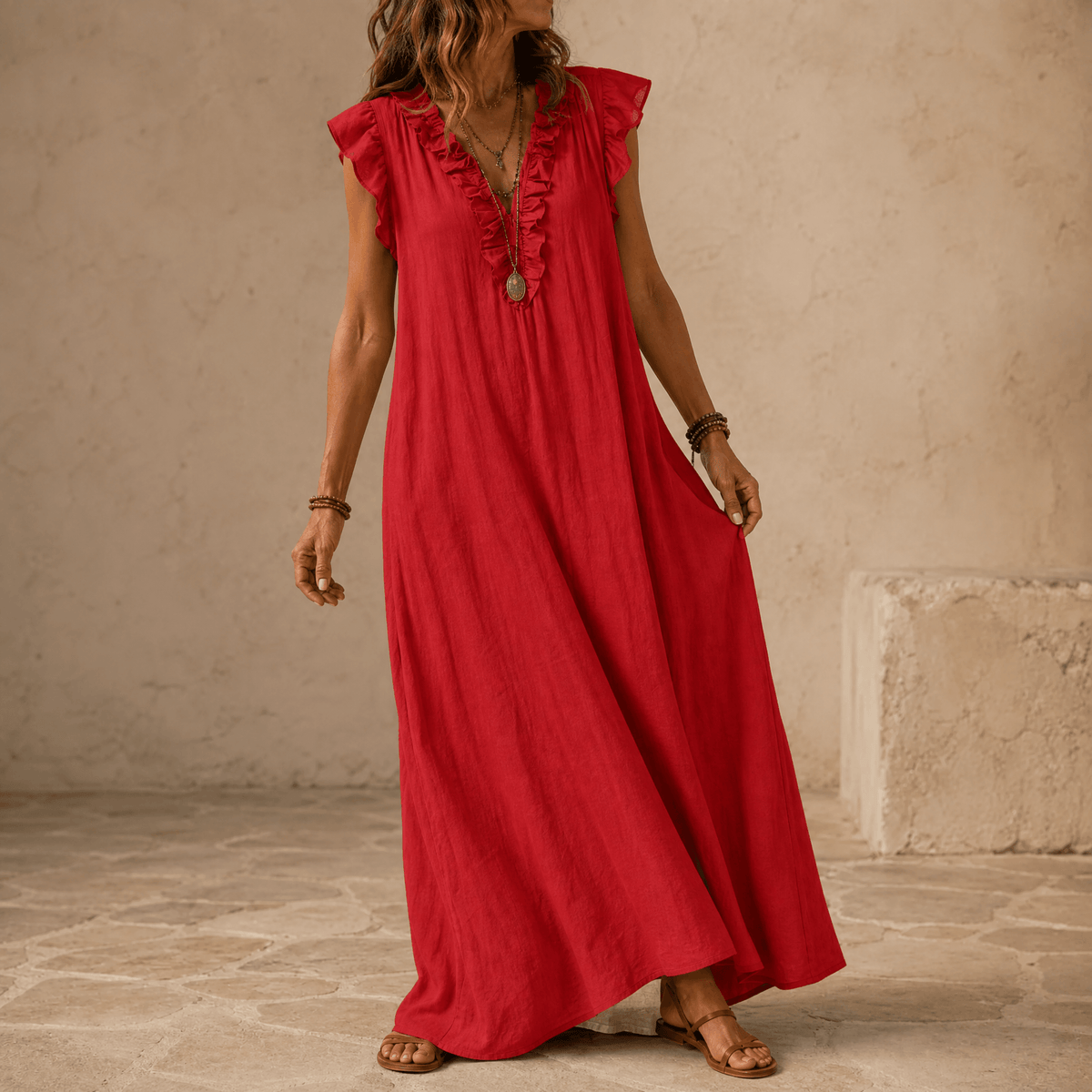 Veluna – Robe Midi Femme à Volants avec Poches