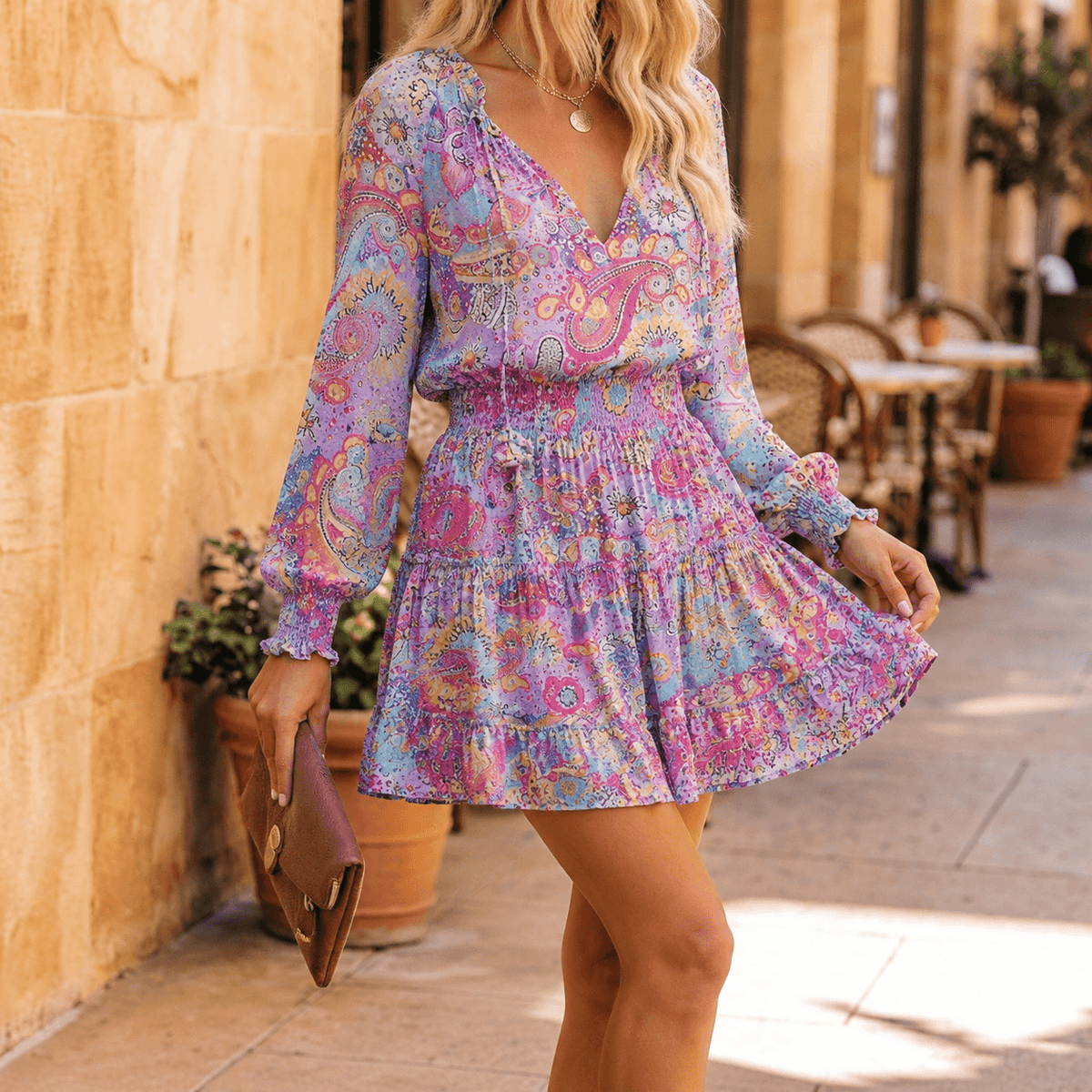 Vivara – Robe Mini à Volants avec Col V et Manches Lanternes