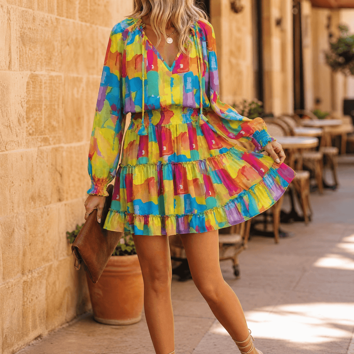 Vivara – Robe Mini à Volants avec Col V et Manches Lanternes